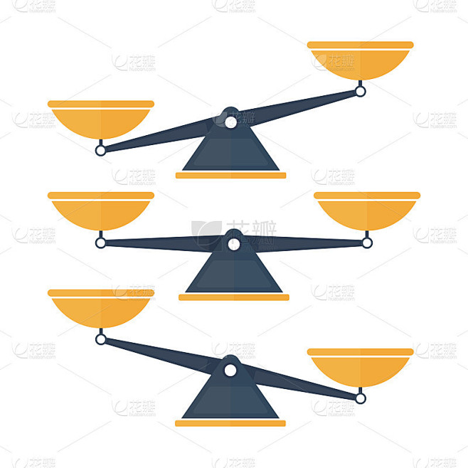 一套三个秤。碗的天平平衡和不平衡。天秤座。向量。