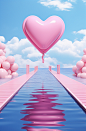 a pink slide across the top of water with a balloon heart shaped at the bottom, in the style of vibrant stage backdrops, chic illustrations, light white and sky-blue, the snapshot aesthetic, spatial, lovecore
