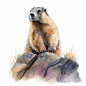 This may contain: a watercolor painting of a groundhog sitting on top of a rock and looking off into the distance