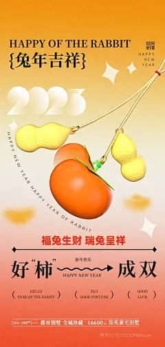 好柿成双2023年兔年新年大吉节日海报