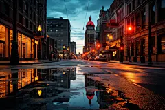 灯火通明的城镇夜晚街道