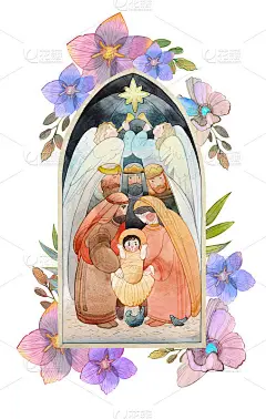 圣诞水彩插画的诞生场景:新生的耶稣基督，圣母玛利亚，约瑟夫，三个智者，天使和星星的伯利恒花花环。圣诞