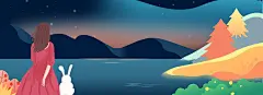 唯美秋日女孩看夜景插画风背景背景图片素材