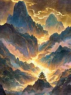 金辉熠熠破云来， 奇峰拔地势崔嵬。 流泉化作千寻练， 洒落碧涛映星台。 幽谷平铺涵星斗， 黛青微动漾晴空。 挥毫当歌纵情游， 心驰春风醉八荒。 #奇域AI  #金色系  #金色  #山脉  #山峰   #金光  #磅礴  #山水  #古诗配画   #星空  #璀璨  #丰富色彩  #山水  #楼阁  #宫殿  #氛围感  #梦幻  #唯美  #美景  #风景  #美图  #光影  #东方美学  #中式美学  #场景  #场景插画  #插画  #山水插画  #风景插画  #壁纸  #手机壁纸  #数字艺术 