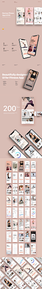 漂亮的粉色女性风格健身运动多功能APP UI KIT模板套装下载 [Sketch]