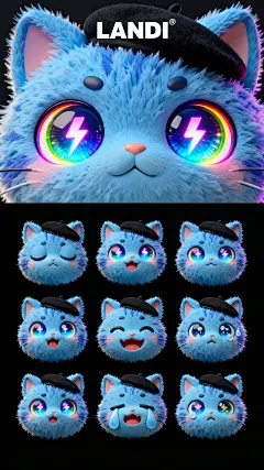图片上部份展示潮玩品牌“LANDI&quot;,3d立体的可爱的蓝色胖猫咪、微距镜头，眼部特写，瞳孔边有一圈彩虹色，大眼睛里有一个发光闪电，头戴一顶黑色贝雷帽，日式卡通风格，细腻的蓬松毛发，氛围叛逆酷拽，需结合品牌潜在调性（可默认偏向 “活力轻奢 / 现代时尚”，图片下部份展示3d立体的9宫格表情包（打瞌睡、求抱抱、卖萌、微笑、生气、流泪哭、委屈、难过、激动）