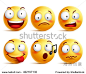 Smiley face icons or emoticons with set of different facial expressions in glossy 3D realistic isolated in white background. Vector illustration
