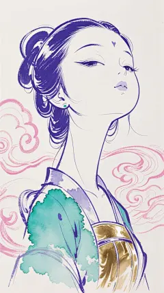 灵魂画手，手绘线稿，涂鸦风格，简约，孔雀蓝紫色线勾勒，一幅唐朝的少女肖像，幽默和古怪的特征，大头，细长脖子。潦草的笔触，随意的色块，增强滑稽感   手稿，大师杰作，动态角色概念艺术，采用中国水墨画与现代西方漫画相融合的风格。运用湿画法进行水彩晕染。色彩柔和且去饱和，主要为单色调，并点缀着青绿、蓝 粉红紫金色调。细节丰富，堪称杰作。虚幻引擎，丝滑流畅圆润，概念设计，威武，压迫感，艺术大师海报构图，云纹流体金属，皮质、个性皮衣 皮裙  轮廓光，专业摄影光照。大师作品，仰视视角，打破常规，夸张的比例，巨型身材，