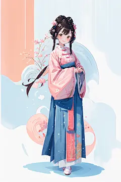 AI数字艺术扁平风格汉服女生插画