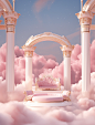 three archetypes in the clouds between pink cloud, in the style of luxurious opulence, classical antiquity, minimalist stage designs, 32k uhd, ornate architectural elements, miss aniela, poured