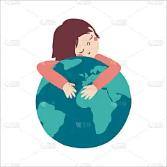 可爱的孩子拥抱一个地球仪。扁平的地球日明信片。幼稚的矢量插图与拯救地球的意义。适合印刷，卡片，海报，