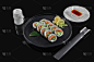 菜单,食品,米,日本,三文鱼,传统,卷起,寿司,黑色,卷起