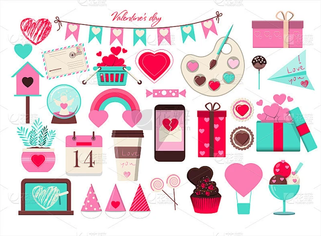 Big set of icons for Valentine s day. Vector illus素材-花瓣网