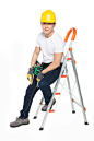 梯子,手套,修复,帽子,工具带_a686c44e2_维修工人坐在梯子上休息_创意图片_Getty Images China