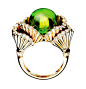 Boucheron 18K 金镶钻石及蛋面橄榄石戒指