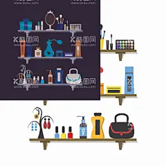化妆品置物架  - 源文件下载【酷图网】卡通,置物架,收纳,卡通置物架,化妆镜,镜子,化妆品,礼盒,盒子,彩盒,口红,化妆刷,洗面奶,洗面乳,香水,眼影,钱包,女士包,包包,手绘,绘画,插画,素材,矢量,图片