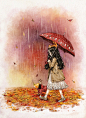 秋雨中美美的落叶 ~ 来自韩国插画家Aeppol 的「森林女孩日记」系列插画。