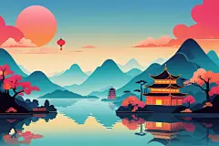 禅意山峰国潮山水插画背景图
