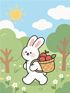 可爱兔子采摘荔枝插画