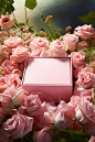 a pink box surrounded by fresh roses and green leaves, in the style of nature-inspired imagery, simplicity, monochromatic color palettes, 32k uhd, lively tableaus, pastel hues, kitsch aesthetic, delicacy of touch