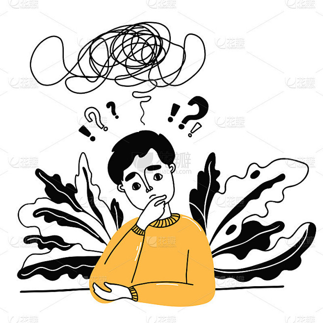 深思熟虑的人的肖像。沉思或思考的年轻人。他脑子里的疑惑、想法和问题。矢量插图。心理学与怀疑概念