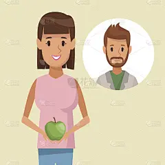 彩色海报半裸女人拿着一个苹果水果和图标与脸胡子男人