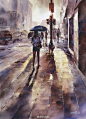 【水彩画】朦胧的城市雨景 / 台湾林经哲水彩画作品