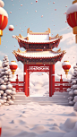 Spring Festival, simple Chinese architectural gates, snowman, snow, fireworks, gold coins, lanterns, red envelopes, Spring Festival atmosphere, C4D modeling, OC rendering