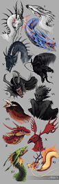 Dragon Designs : Some dragon designs for Monster Galaxy. We don't have time to iterate on designs like larger production studios, so we just wing it 99% of the time. More progress and detail shots on my tumblr: