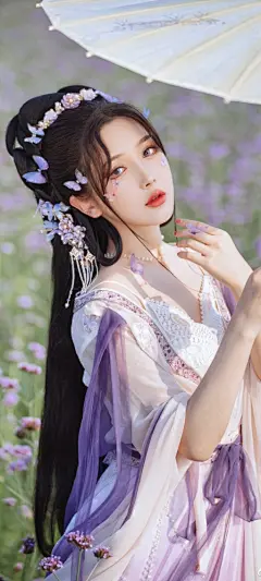 古装美女 纸伞 花海 美女手机壁纸