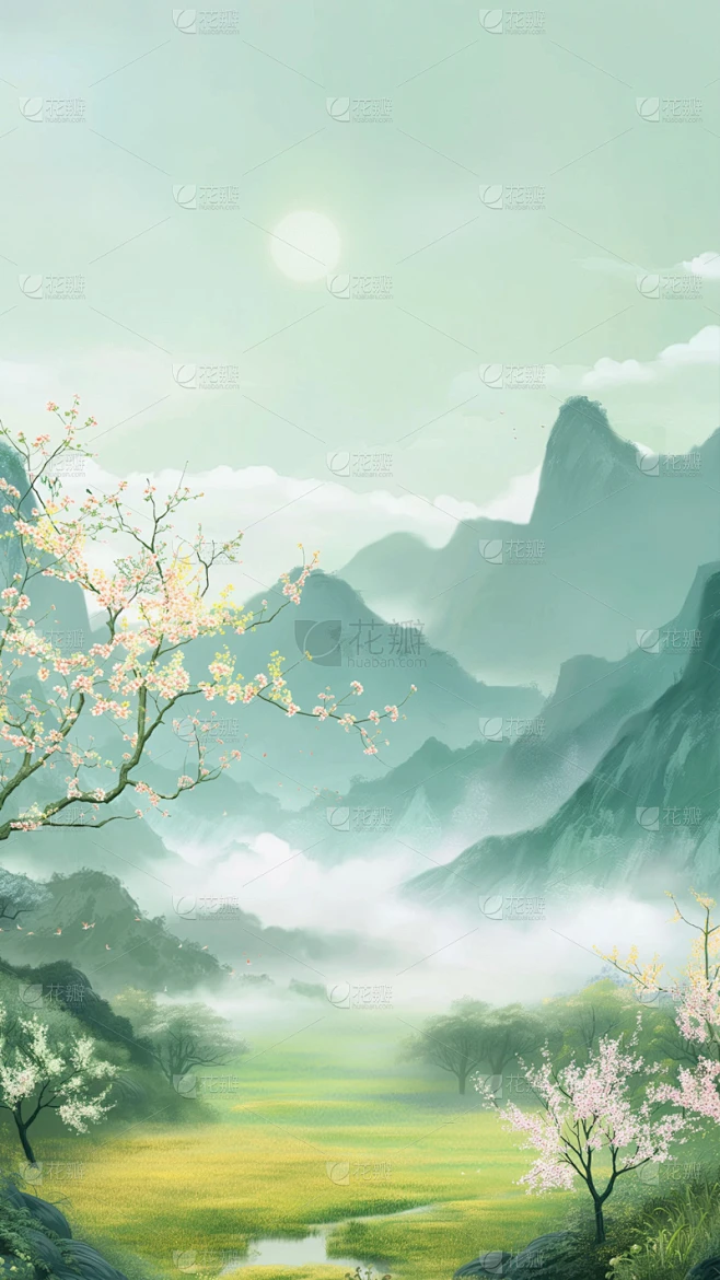 中国风通用水墨绿意春色山水背景图片素材素材-花瓣网