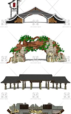 新中式徽派少数民族美丽乡村度假村旅游风景区特色小镇大门SU模型-淘宝网