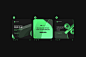 This may contain: the green business card is displayed in three different positions, including one for q and two for
