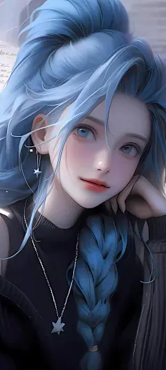报纸墙 金克丝 蓝色头发 黑色衣服 手机壁纸_彼岸手机壁纸