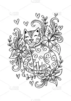 Doodle of cat sitting in the flowers.