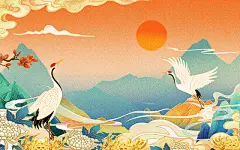 重阳重阳节国潮白鹤菊花插画素材