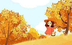 秋天落叶秋日风景手绘女孩背景凉爽天空节气立秋秋天秋分插画