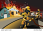 A vector illustration of firefighters trying to put out burning houses