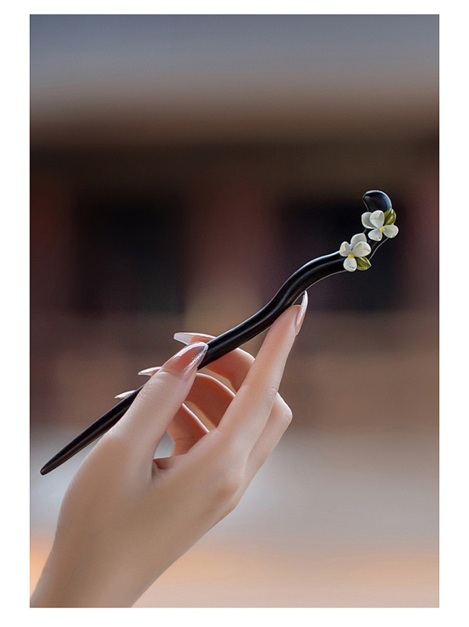 黑檀木发簪古风女高级感花朵气质盘发簪子简...