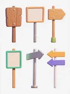 6个不同样式、不同材质、不同风格的无文字指示牌，白色背景，排列整齐，采用卡通插画风格，具有平滑的线条和鲜明的色彩，每个指示牌都有独特的造型设计和材质表现，如木质纹理、金属光泽、塑料质感等，整体视觉简洁明快，符合卡通插画的艺术特点。