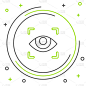 黑色和绿色线眼睛扫描图标孤立在白色背景。扫描的眼睛。安全检查的象征。网络标志。色彩斑斓的轮廓的概念。