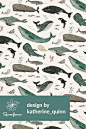 Whale Song by katherine_quinn - Hand painted whales and sea plants on fabric, wallpaper, and gift wrap.  Beautiful ocean themed pattern in teal, gray, black, green, and white.  Perfect whale design for wallpapering a kid's room or making handmade throw pi