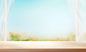 a window view scene with a wood frame, in the style of minimalist backgrounds, motion blur panorama, 32k uhd, tabletop photography, light amber and sky-blue, bright backgrounds, organic material
