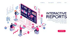 interactive reports web bannerinteractive reports web banner. People interacting with analyzing statistics and  charts. Workflow and business management. 3D vector isometric illustration.