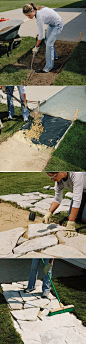 How to install stone walkway:  Step 1 : Lay out the path.  Step 2 : Fill the bed with gravel and sand.  Step 3 : Make a trial layout.  Step 4 : Cut and place the stones.  Step 5 : Check for flatnes.  Step 6 : sweep mason’s sand into the joints with a stif