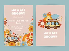 图源免费EPS |带有雏菊、复古汽车和彩虹的模板，用于时髦派对、生日邀请、传单、复古海报。有文字空间。矢量插图集。