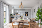 Example of a trendy medium tone wood floor and brown floor kitchen/dining room combo design in Cornwall with white walls and no fireplace