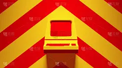 黄红色电脑屏幕显示技术复古电子商务按钮与黄红色雪佛龙背景键