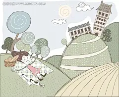 野外聚餐躺在餐布上睡觉的卡通小女孩白云|餐布|草地|插画|动漫|卡通|卡通人物|卡通人物图片|可爱的|篮子|楼房|漫画人物|人物|人物素材|人物图片|山|矢量人物|矢量素材|手绘|树|睡觉|太阳|小狗|小女孩|小朋友|野外聚餐