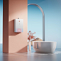 This may contain: there is a bathtub next to a wall with a light on it and a plant in the corner